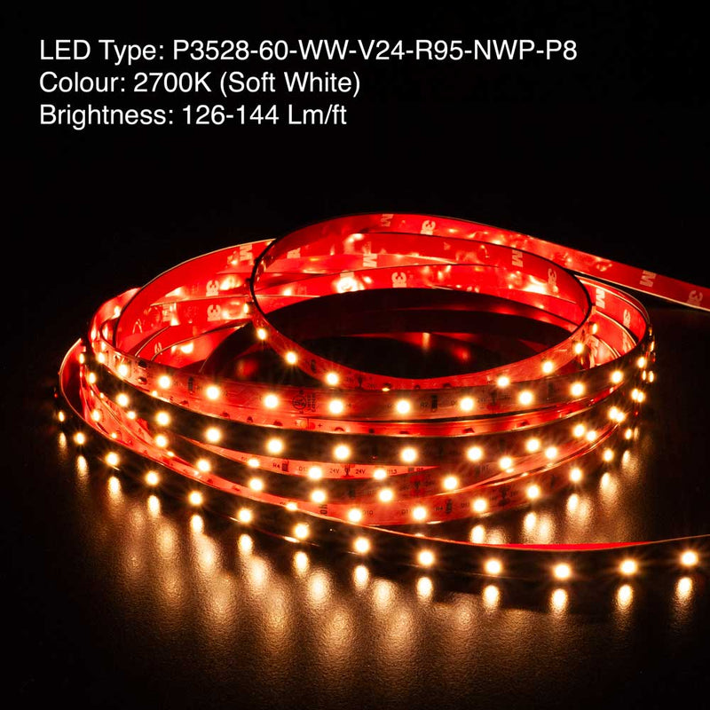10M(32.8ft) Indoor LED Strip 3528, 24V 1.5(w/ft) 126-144(Lm/ft) 60(LEDs/m) CCT(2.7K, 3K, 6K), lightsandparts