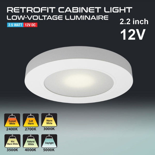 VBUN-R25-12V White Round LED Cabinet Puck Light, 12V 2.5W CCT(2.4K, 2.7K, 3K, 3.5K, 4K, 5K) - ledlightsandparts