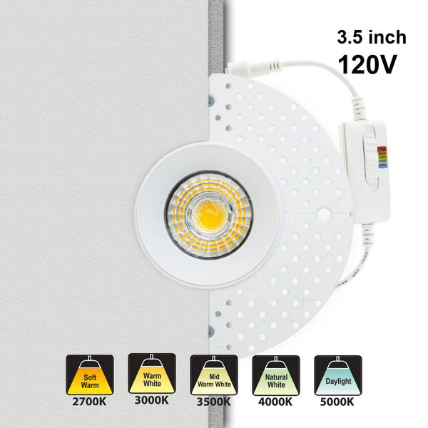 3.5 inch Round Trimless Downlight LED-35-S12W-L5CCTWH-T, 120V 12W 5CCT(2.7K, 3K, 3.5K, 4K, 5K)