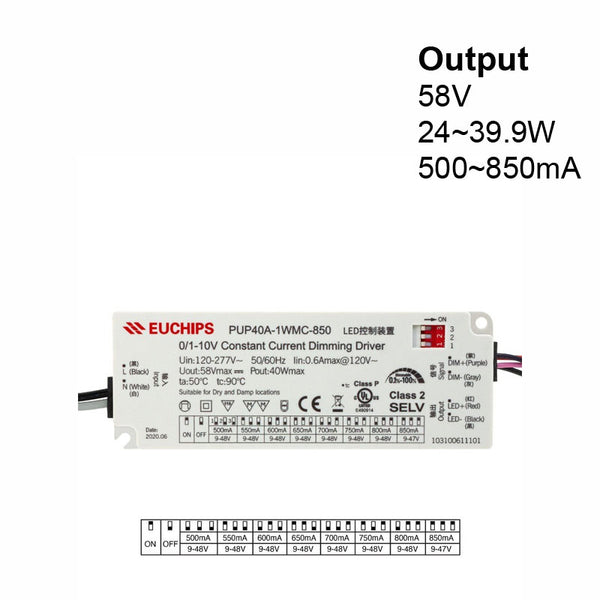Constant Current Driver PUP40T-1WMC-850 Selectable, 120-277VAC 850 to 1200mA - ledlightsandparts