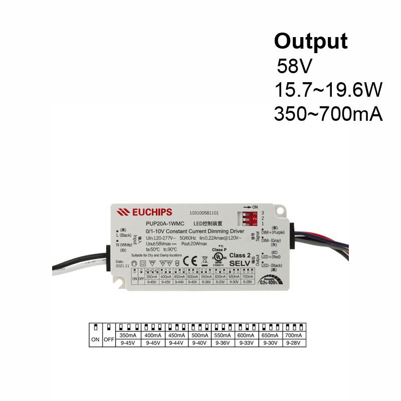 Constant Current Driver PUP20A-1WMC-700 Selectable, 100VAC-240VAC 350 to 700mA - ledlightsandparts