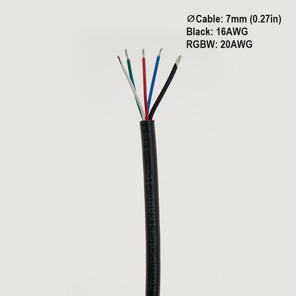 RGBW Cable 5 conductive AWG16(Black) AWG20(Red,Green,Blue,White) /ft, lightsandparts