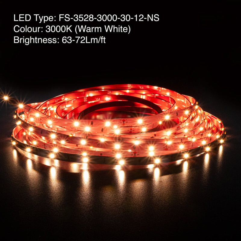 10M(32.8ft) Indoor LED Strip FS-3528-3000-30-12-NS, 12V 0.75(w/ft) 3K(Warm White) - ledlightsandparts
