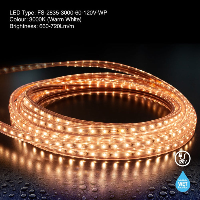 50M(164ft) Waterproof LED Strip 2835, High Voltage LED Strip Light with Power Plug, 120V 2(w/ft) 200(Lm/ft) CCT(3K, 6K) - ledlightsandparts