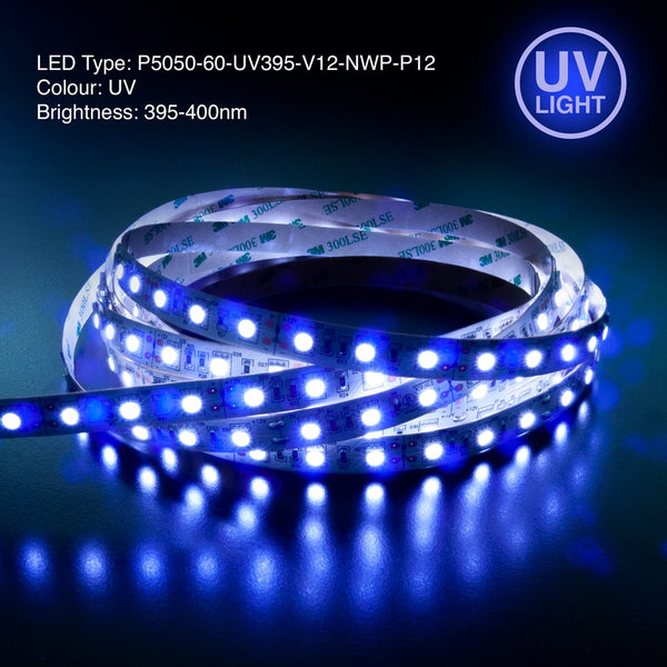 5M(16.4ft) UV LED Strip 60 LED/m, 12V 4.5(w/ft) 395–400nm Ultra Violet(UV), lightsandparts