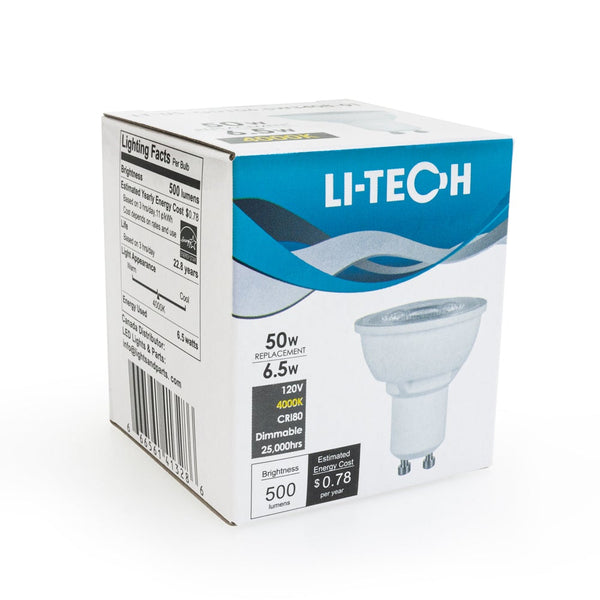 Li-Tech GU10 LED Bulb, 120V 6.5W Equivalent 50W 4000K(Natural White) - ledlightsandparts