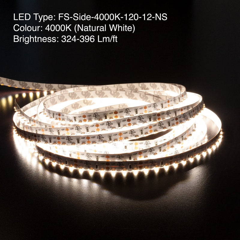 5M(16.4ft) Side LED Strip 315, 12V 3.5(w/ft) 324-396(Lm/ft) 120(LEDs/m) 4K(Natural White) - ledlightsandparts