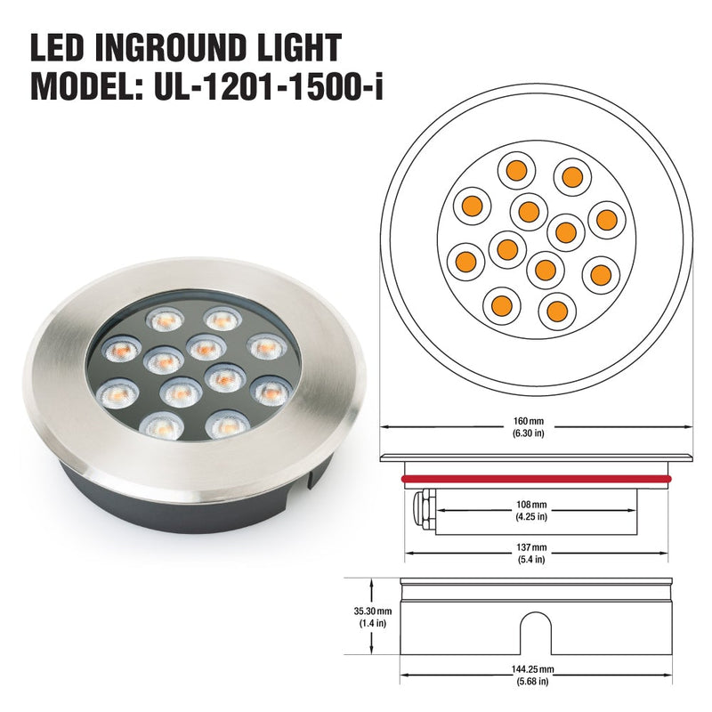 UL-1201-1500-I LED 6 inch Dia Round Shallow Recessed In Ground Light 24V 15W 15°or25° Beam - ledlightsandparts