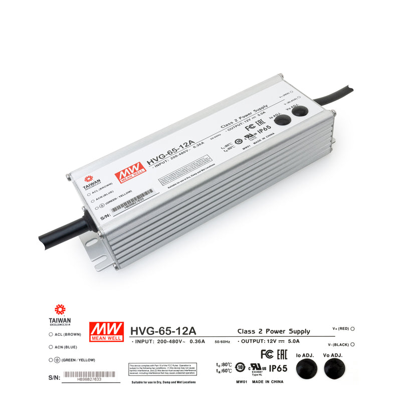 HVG-65-12A Mean Well CC+CV Metal Case Power Supply 200-480VAC to 12VDC 5A 65W - ledlightsandparts