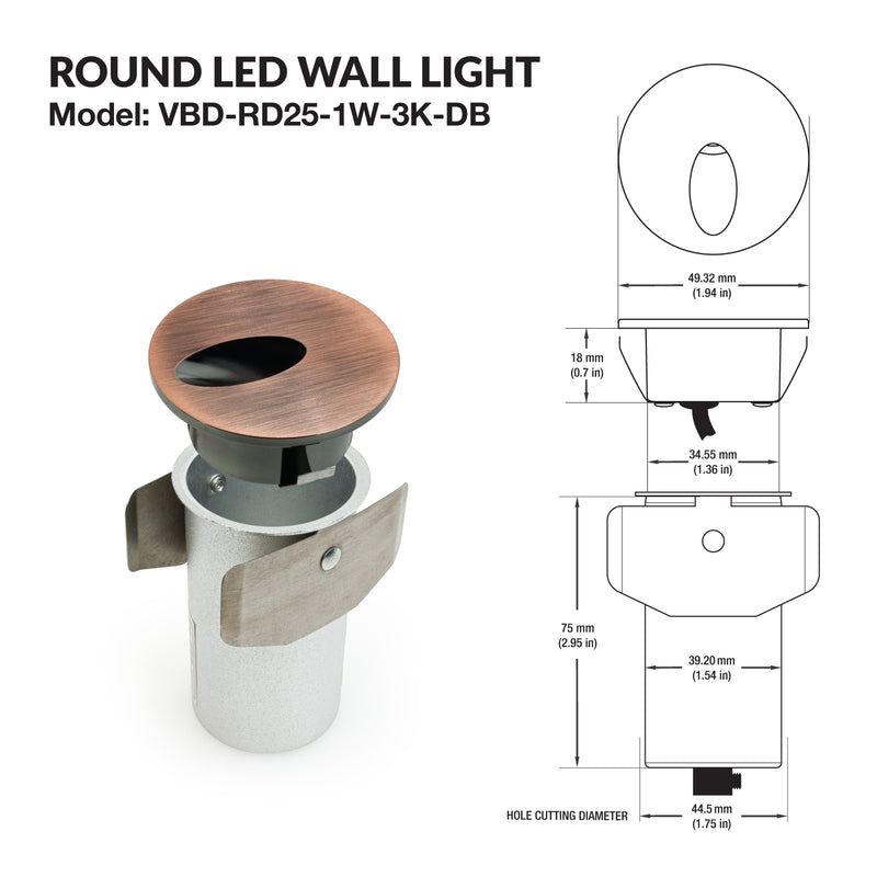 VBD-RD25-1W-3K-DB Round LED Step Light, 12V 1W 3000K(Warm White) - ledlightsandparts