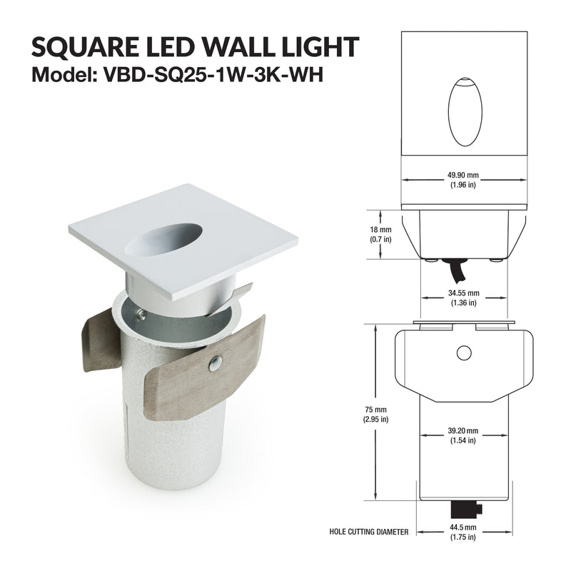 VBD-SQ25-1W-3K-WH Square LED Step Light, 12V 1W 3000K(Warm White), lightsandparts