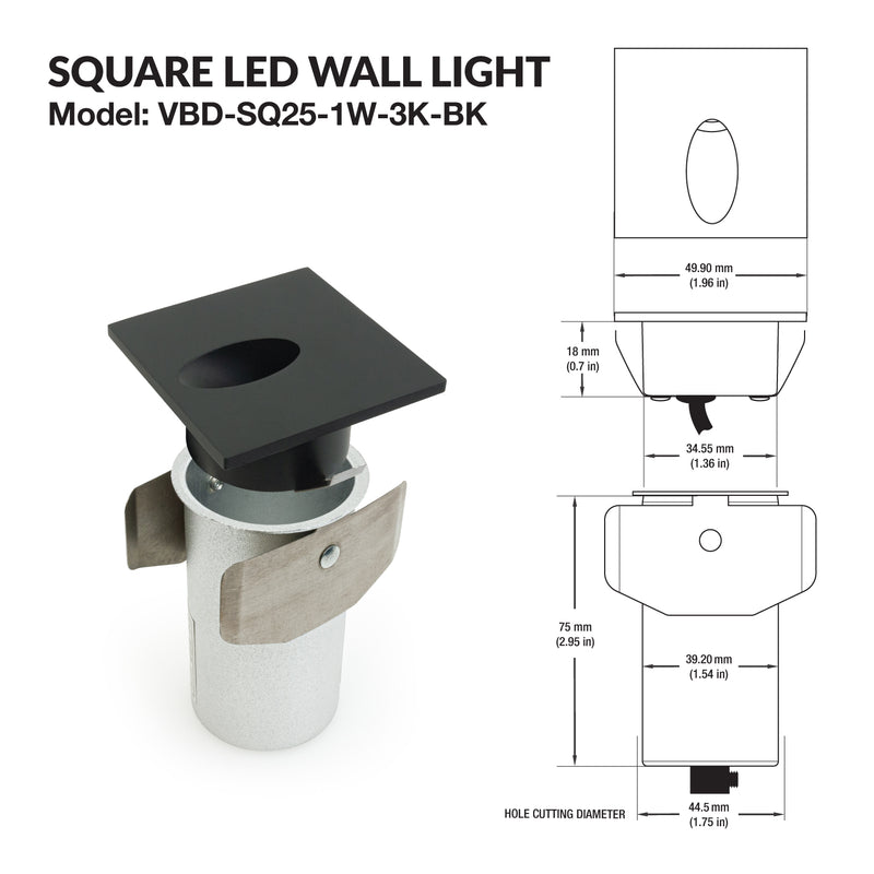 VBD-SQ25-1W-3K-BK Square LED Step Light, 12V 1W 3000K(Warm White), lightsandparts