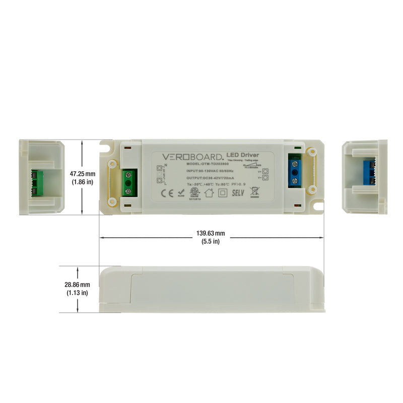 OTM-TD202800-720-28 Constant Current LED Driver, 720mA 36-42V 28W Dimmable - ledlightsandparts