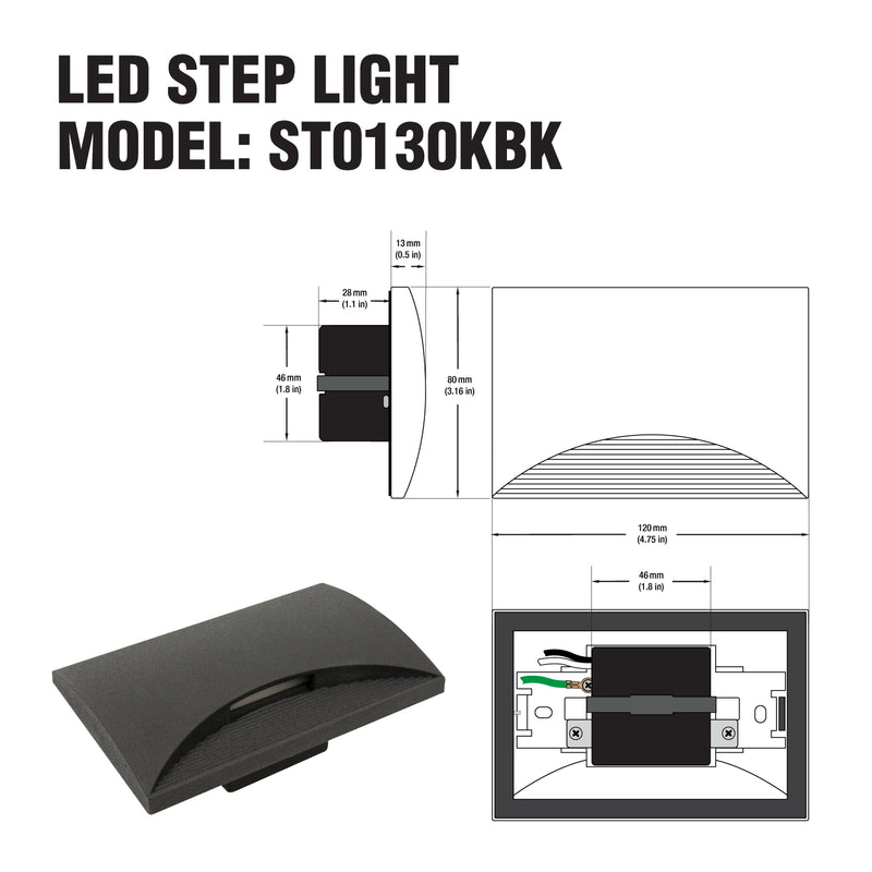 ST0130KBK LED Step Light Horizontal Black, 120V 5W 3000K(Warm White) - ledlightsandparts