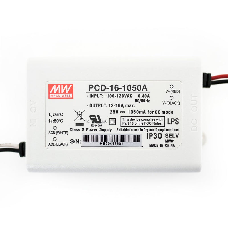Mean Well PCD-16-1050A Constant Current LED Driver 12-16V 1050mA 16W - ledlightsandparts