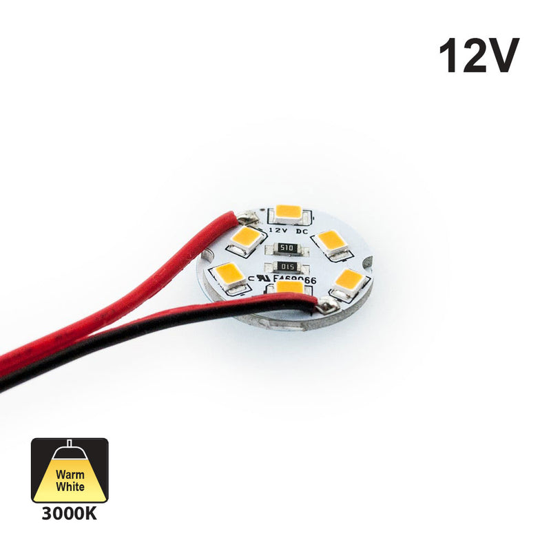 12V Flat Round PCB 6 SMD 3528 LED 3000K(Warm White) 0.6W