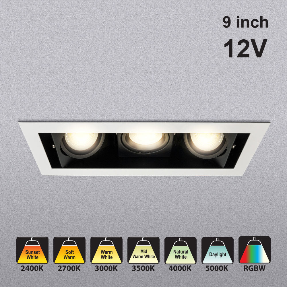 MTR-77T Recessed LED Light Fixture, 9 inch Triple Head Rectangular Whi