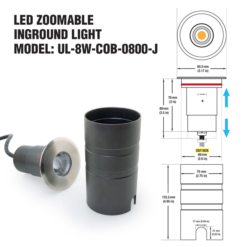 UL-8W-COB-0800-J Dia Round Adjustable Beam Direction Zoomable In-Ground Up light 12-24V 8W 3000K(Warm White)