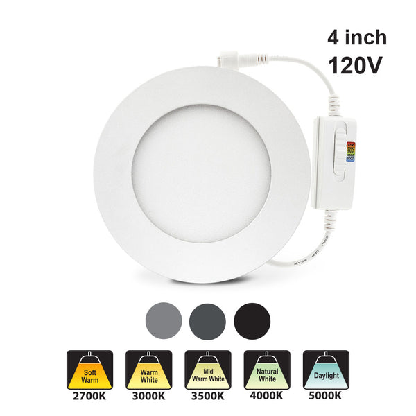 4 inch flat Round Panel light with FT6 rated wire, 120V 9W 5CCT(2.7K, 3K, 3.5K, 4K, 5K)