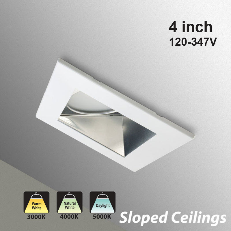 4 inch LED Commercial Downlight Sloped Ceiling Reflector Square Trim, 120-347V 20W