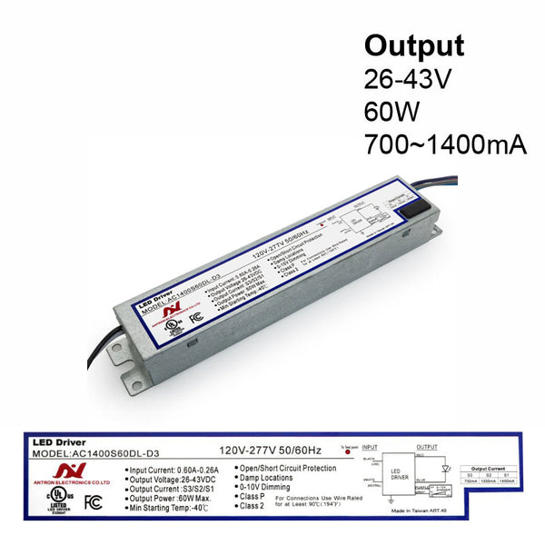 ANTRON AC1400S60DL-D3 Constant Current with Selectable Output Current 700-1050-1400mA 26-43V 60W - ledlightsandparts