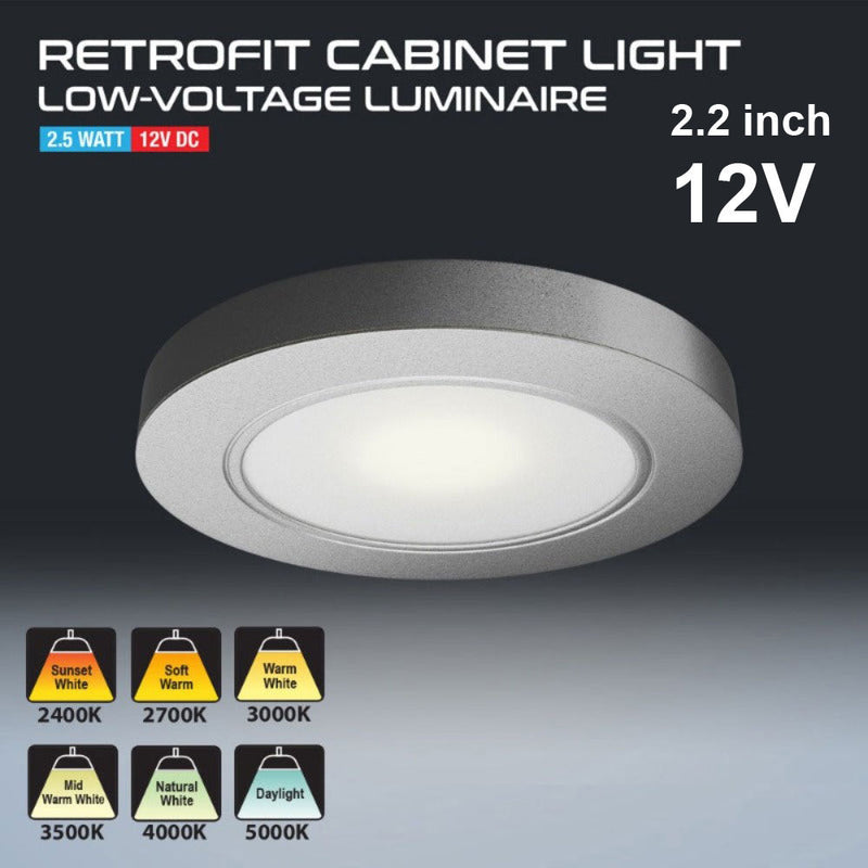 VBUN-R25-12V Silver Grey Round LED Cabinet Puck Light, 12V 2.5W CCT(2.4K, 2.7K, 3K, 3.5K, 4K, 5K) - ledlightsandparts