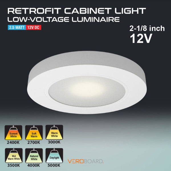 VBUN-R25-12V White Round LED Cabinet Puck Light, 12V 2.5W CCT(2.4K, 2.7K, 3K, 3.5K, 4K, 5K) - ledlightsandparts