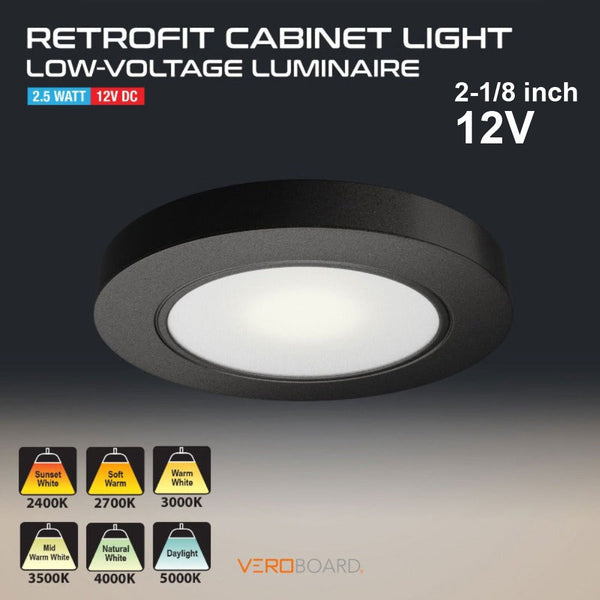 VBUN-R25-12V Black Round LED Cabinet Puck Light, 12V 2.5W CCT(2.4K, 2.7K, 3K, 3.5K, 4K, 5K) - ledlightsandparts