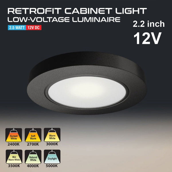 VBUN-R25-12V Black Round LED Cabinet Puck Light, 12V 2.5W CCT(2.4K, 2.7K, 3K, 3.5K, 4K, 5K) - ledlightsandparts
