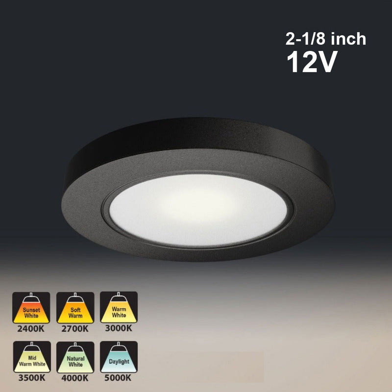 R25-12V-Black Round LED Cabinet Puck Light, 12V 2.5W CCT(2.4K, 2.7K, 3K, 3.5K, 4K, 5K), lightsandparts