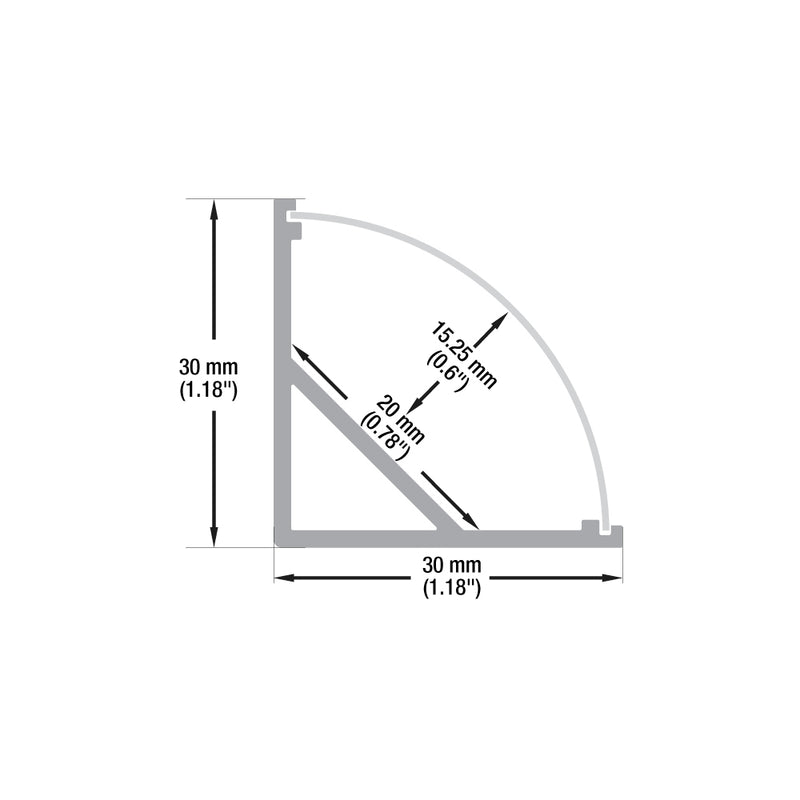 Type 34B, Corner Mount Aluminum Curved Diffuser LED Strip Light Fixture Profile, 3Meters (118inches)