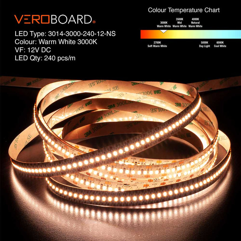 5M(16.4in) Indoor LED Strip 3014, 12V 7(w/ft) 727-873(Lm/ft) 240(LEDs/m) CCT(2.7K, 3K, 3.5K, 4K, 5K)