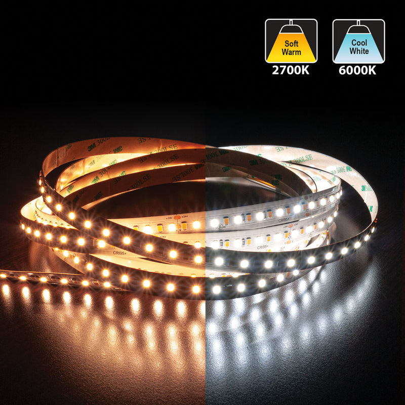 5M(16.4ft) Adjustable color temperature CW&WW LED strip 2835, 24V 5(w/ft) 1018-1120(Lm/ft) 168(LEDs/m) CCT(2.7K-6K Adjustable) - ledlightsandparts