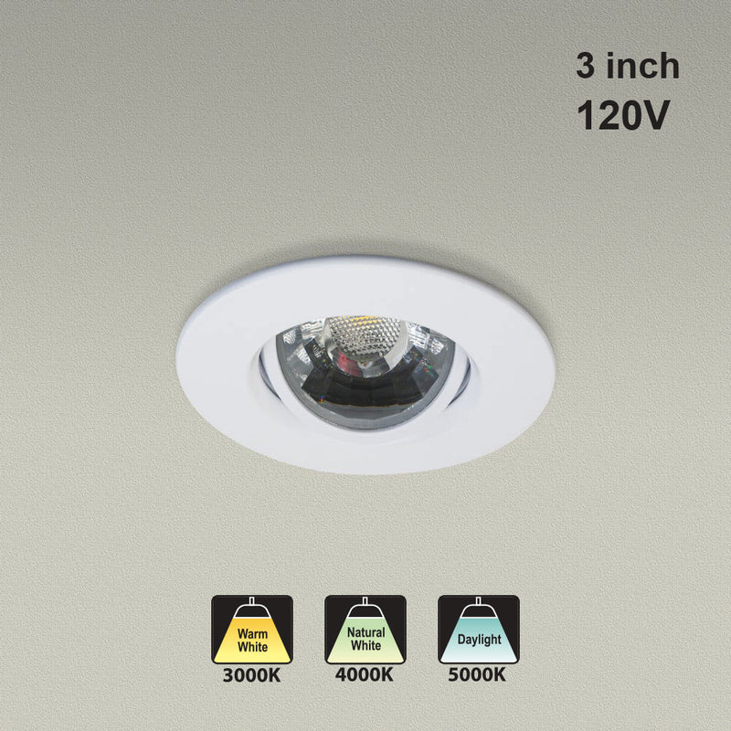 3 inch Round Recessed Light Gimbal with Selectable Color Temperature (3CCT) 120V 8W White