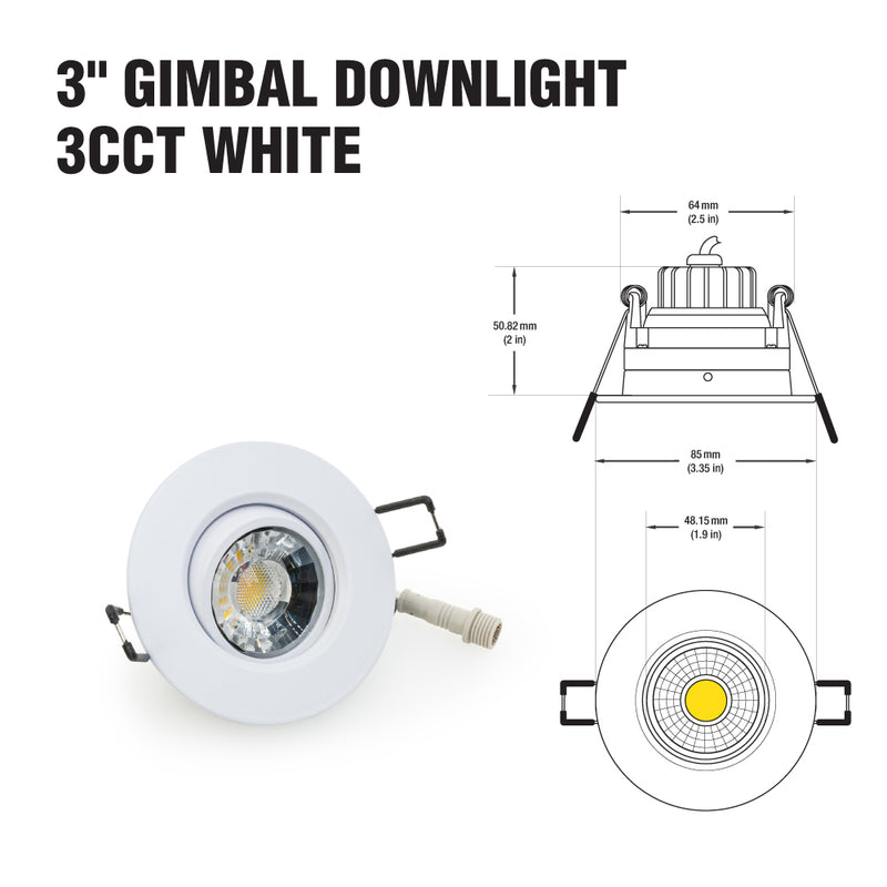 3 inch Round Recessed Light Gimbal with Selectable Color Temperature (3CCT) 120V 8W White - ledlightsandparts