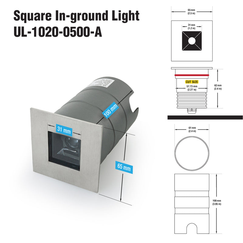 Square Inground Up light 10° lens, 24V 5W 3000K(Warm White)