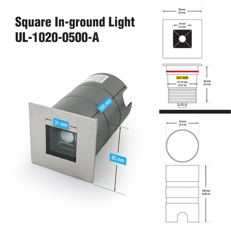 Square Inground Up light 34° Reflector, 24V 5W 3000K(Warm White)