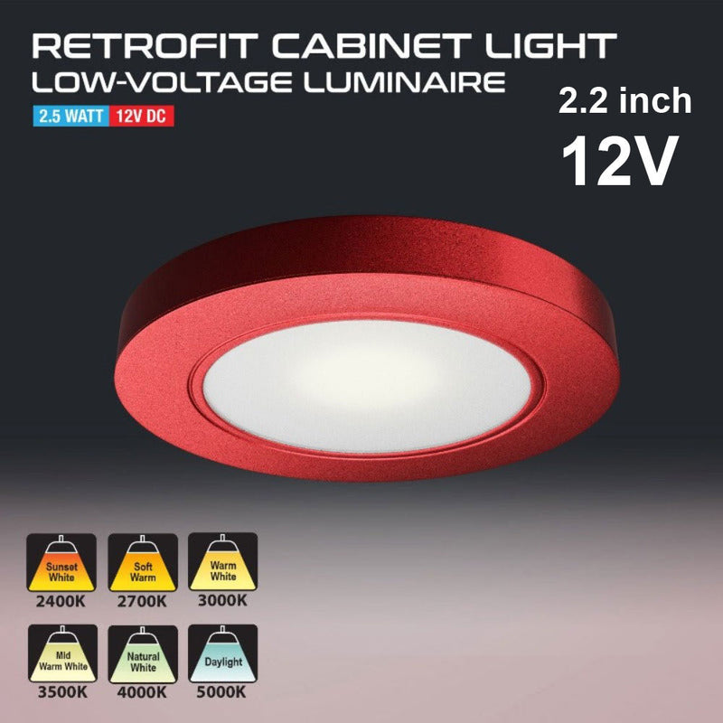 VBUN-R25-12V Red Round LED Cabinet Puck Light, 12V 2.5W CCT(2.4K, 2.7K, 3K, 3.5K, 4K, 5K) - ledlightsandparts