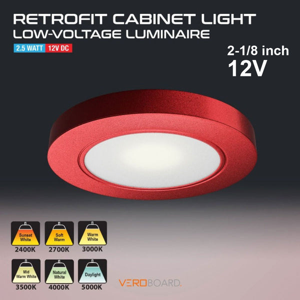 VBUN-R25-12V Red Round LED Cabinet Puck Light, 12V 2.5W CCT(2.4K, 2.7K, 3K, 3.5K, 4K, 5K) - ledlightsandparts