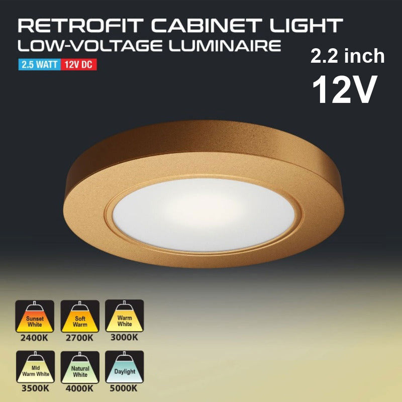VBUN-R25-12V Gold Round LED Cabinet Puck Light, 12V 2.5W CCT(2.4K, 2.7K, 3K, 3.5K, 4K, 5K) - ledlightsandparts