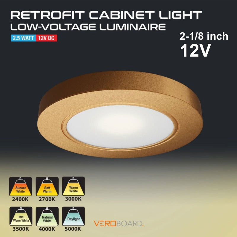 VBUN-R25-12V Gold Round LED Cabinet Puck Light, 12V 2.5W CCT(2.4K, 2.7K, 3K, 3.5K, 4K, 5K) - ledlightsandparts