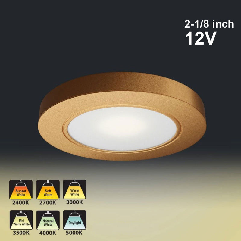 R25-12V-Gold Round LED Cabinet Puck Light, 12V 2.5W CCT(2.4K, 2.7K, 3K, 3.5K, 4K, 5K), lightsandparts