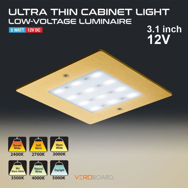 VBUN-S50-12V-Gold Square Ultrathin Cabinet Puck Light, 12V 5W CCT(2.4K, 2.7K, 3K, 3.5K, 4K, 5K)