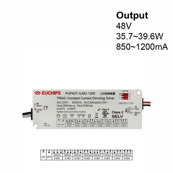 Constant Current Driver PUP40T-1LMC-1200 Selectable, 120VAC 850 to 1200mA - ledlightsandparts