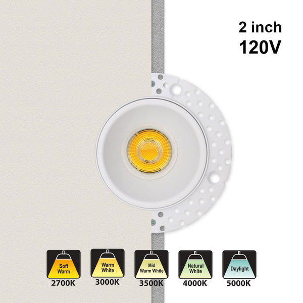 2 inch Round Trimless Downlight LED-2-S8W-L5CCTWH-T, 120V 8W 5CCT(2.7K, 3K, 3.5K, 4K, 5K)
