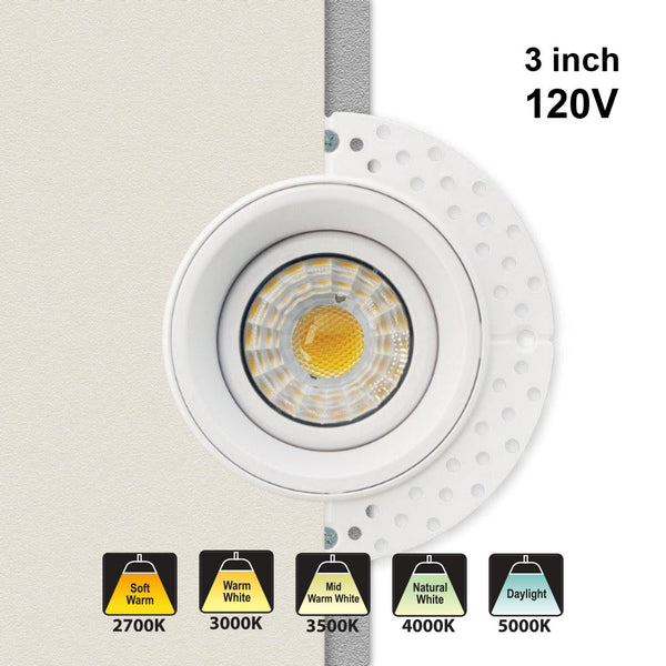 3 inch Round Trimless Downlight Gimbal LED-3-S8W-L5CCTWH-T, 120V 8W 5CCT(2.7K, 3K, 3.5K, 4K, 5K)