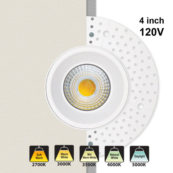 4 inch Round Trimless Downlight LED-4-S15W-L5CCTWH-T, 120V 15W 5CCT(2.7K, 3K, 3.5K, 4K, 5K)
