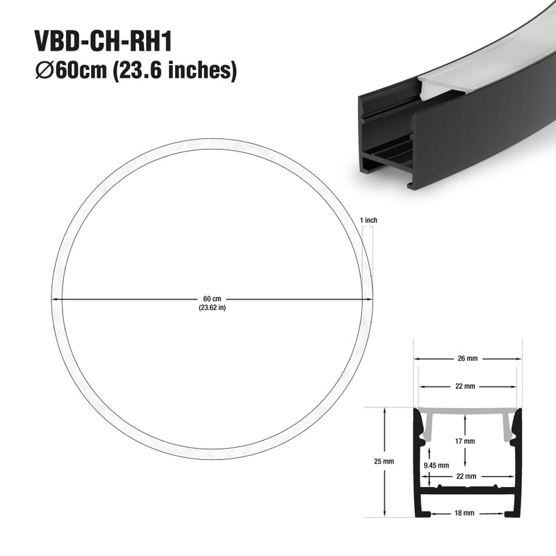 Type 45 Round Black hanging Aluminum LED Strip 60cm (23.6in) - ledlightsandparts