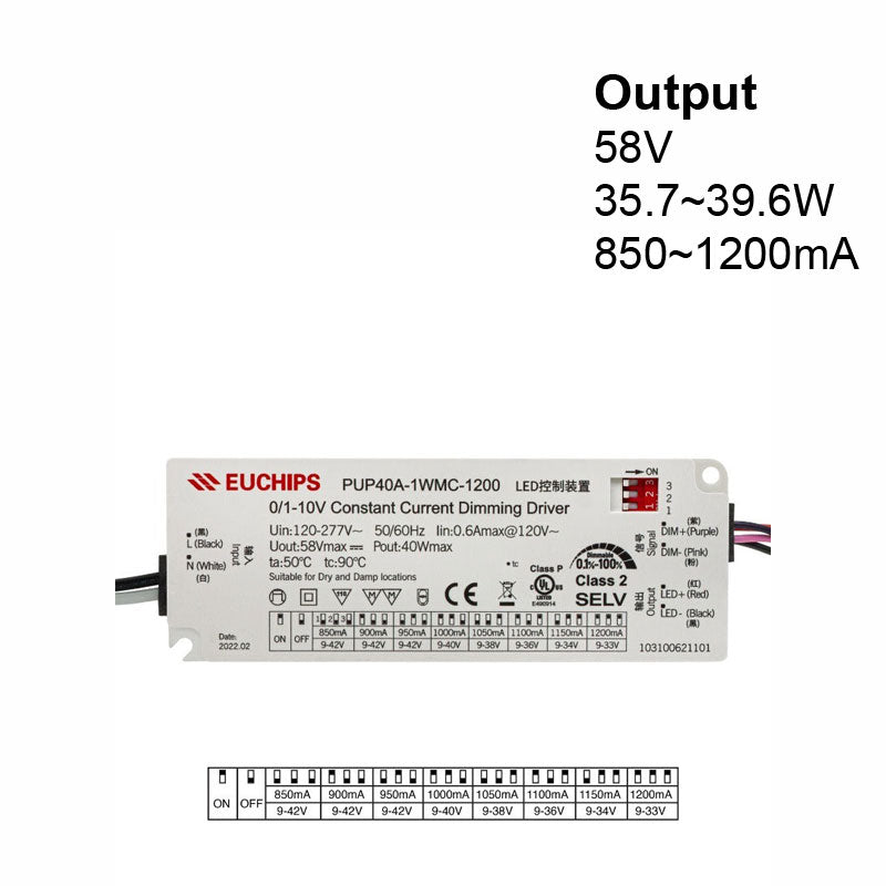Constant Current Driver PUP40A-1WMC-1200 Selectable, 120VAC-277VAC 850 to 1200mA - ledlightsandparts
