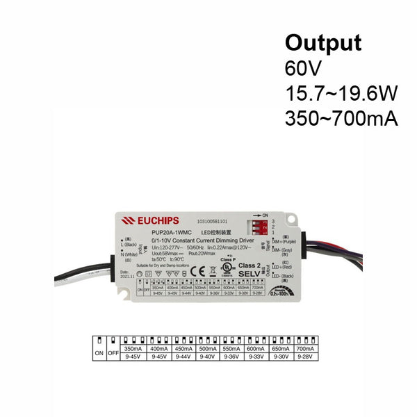 Constant Current Driver PUP20A-1WMC-700 Selectable, 100VAC-240VAC 350 to 700mA - ledlightsandparts